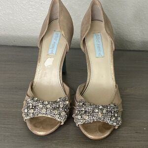 Betsy Johnson Bronze/Gold Wedding‎ Rhinestone Open Toe Prom Heels Womens Sz 9.5